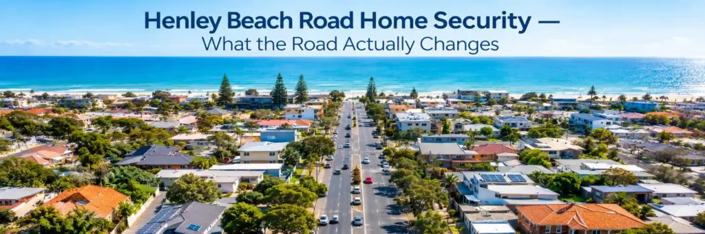 Aerial view of Henley Beach Road leading toward the coastline, showing nearby homes and residential streets